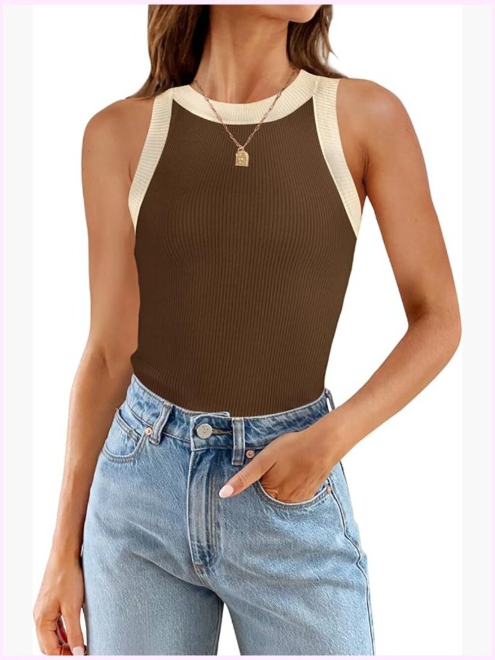 Sleeveless Tank Top Ribbed High Neck Racerback Slim Fit Casual Shirt